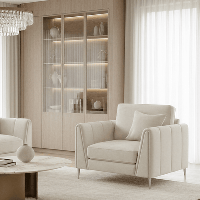 Alaina Cream Velvet Armchair with Silver Legs Sofa 
