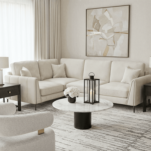Alaina Cream Velvet Left Hand Facing Corner Sofa with Black Legs Sofa 