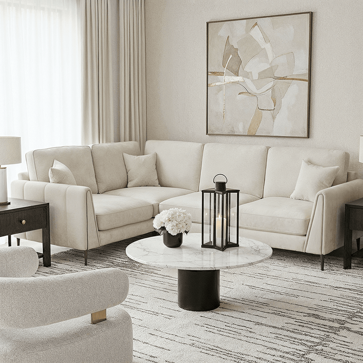 Alaina Cream Velvet Left Hand Facing Corner Sofa with Black Legs Sofa 