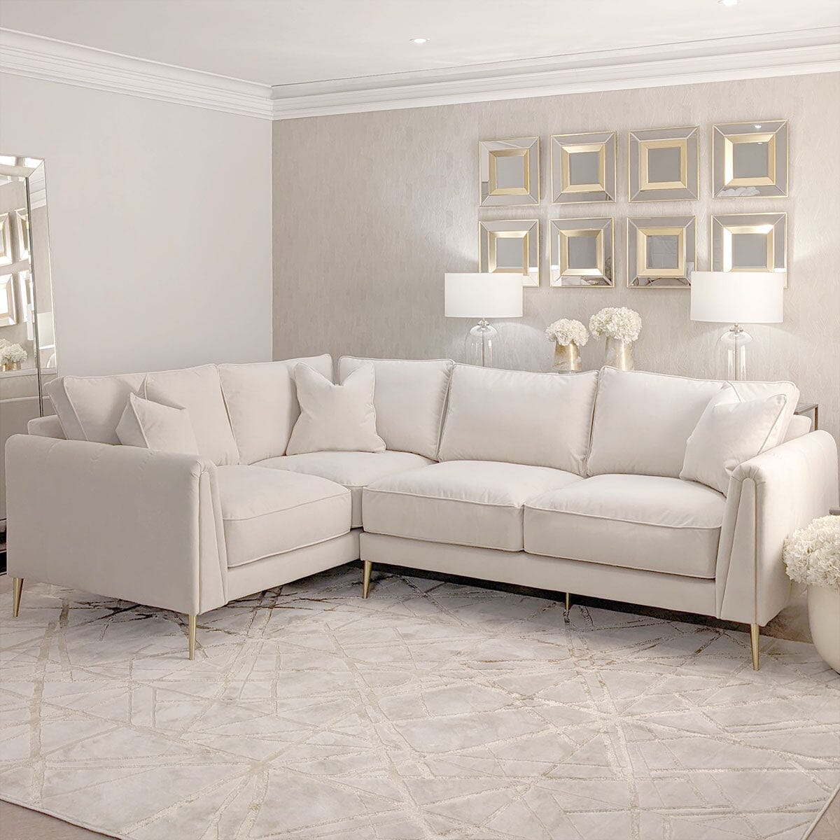 Left Corner Alaina Cream Velvet Left Hand Facing Corner Sofa with Gold Legs – Rowen ...