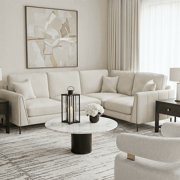 Alaina Cream Velvet Right Hand Facing Corner Sofa with Black Legs Sofa 