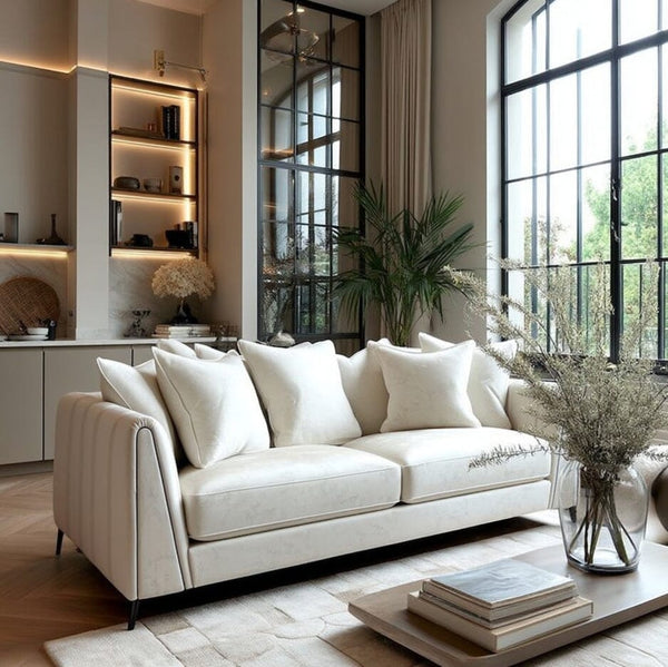 Alaina Cream Velvet Scatter Back 3 Seater Sofa with Black Legs Sofa 