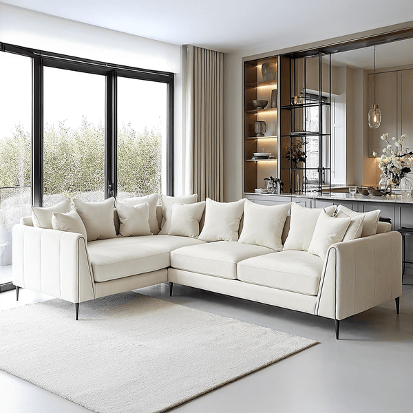 Alaina Cream Velvet Scatter Back Left Hand Facing Corner Sofa with Black Legs Sofa 