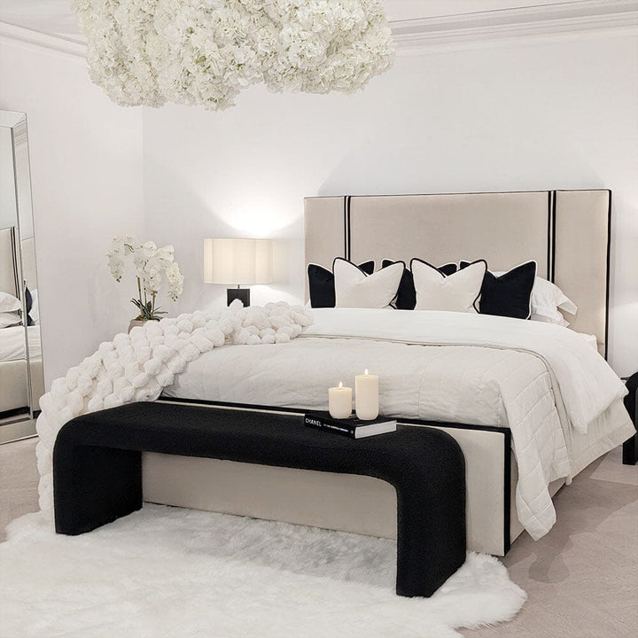 Alessi Vanilla Velvet Luxury Bed with Contrast Black Piping MTO Beds and Headboards 