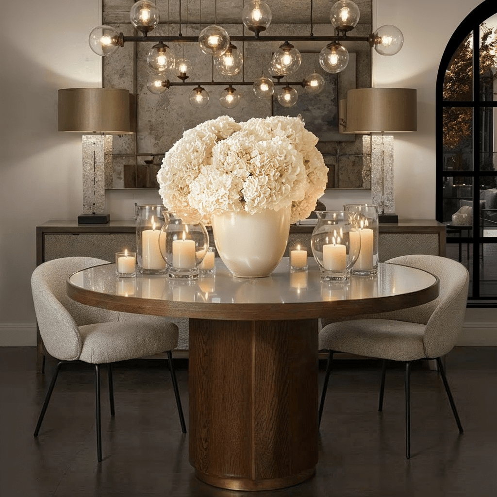 Alexandra Luxury Linen & Dark Brown Oak Round Dining Table Furniture 