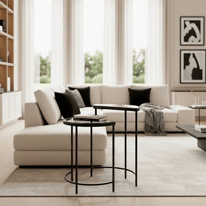 Alexis Bevelled Glass & Black Half Moon Side Tables - Set of 2 Furniture 