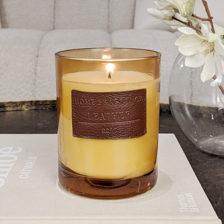 Amber Tinted Glass Leather Candle Fragrance 