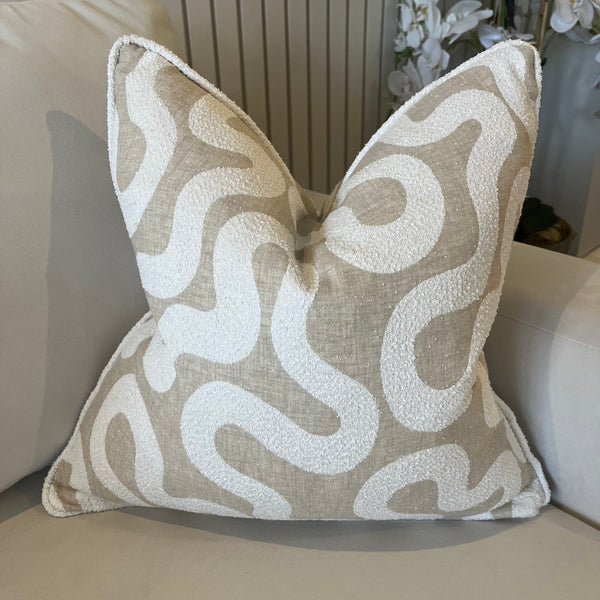 Amberlyn Luxury Beige & Cream Boucle Squiggle Piped Cushion - 50x50cm Textiles 