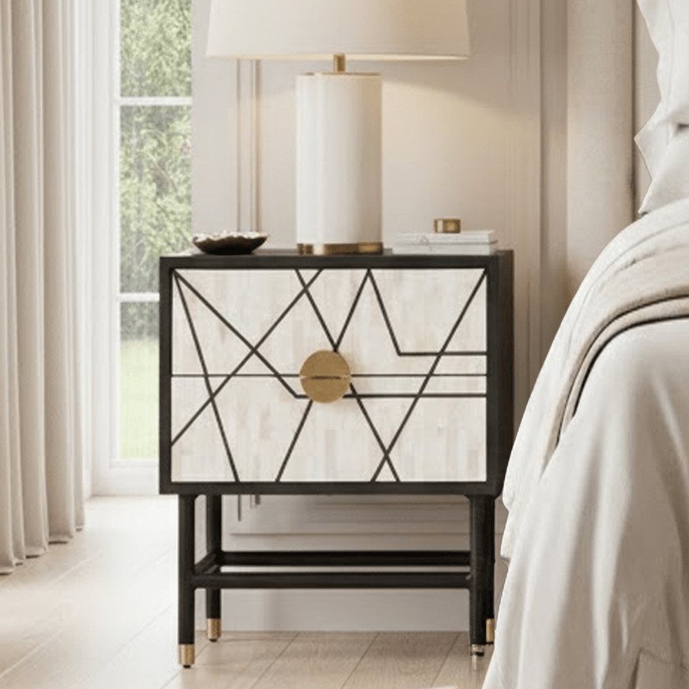 Abstract Bedside Table Amera Abstract Monochrome Bone Inlay 2 Drawer Bedside Table – Rowen Homes