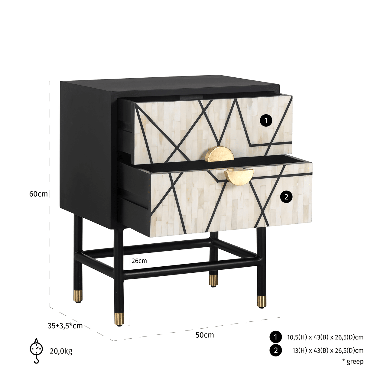 Amera Abstract Monochrome Bone Inlay 2 Drawer Bedside Table Furniture 