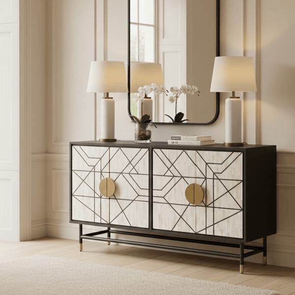 Amera Abstract Monochrome Bone Inlay 4 Door Sideboard Furniture 