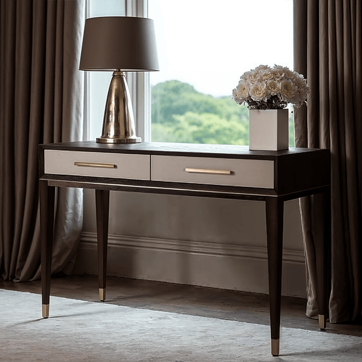 Amora Dark Wood 2 Drawer Dressing Table with Brass Details Furniture 