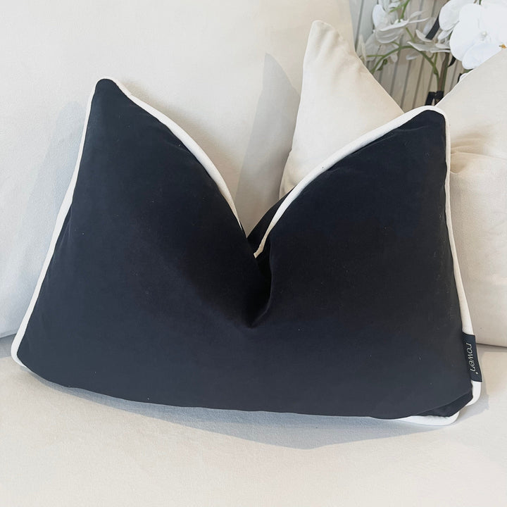 Ari Black Velvet Bolster Cushion with Cream Piping - 35 x 50cm Textiles 