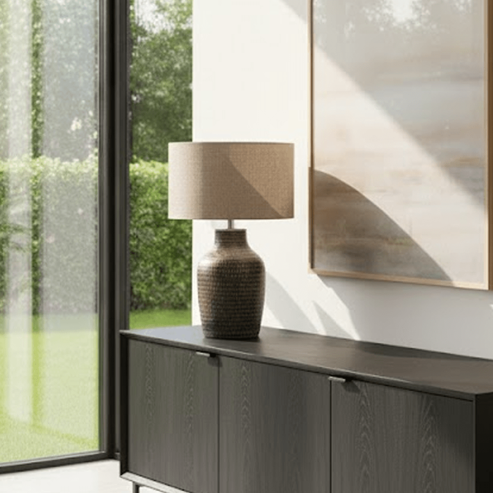 Aris Tall Brown Textured Ceramic Table Lamp with Linen Shade Lighting 