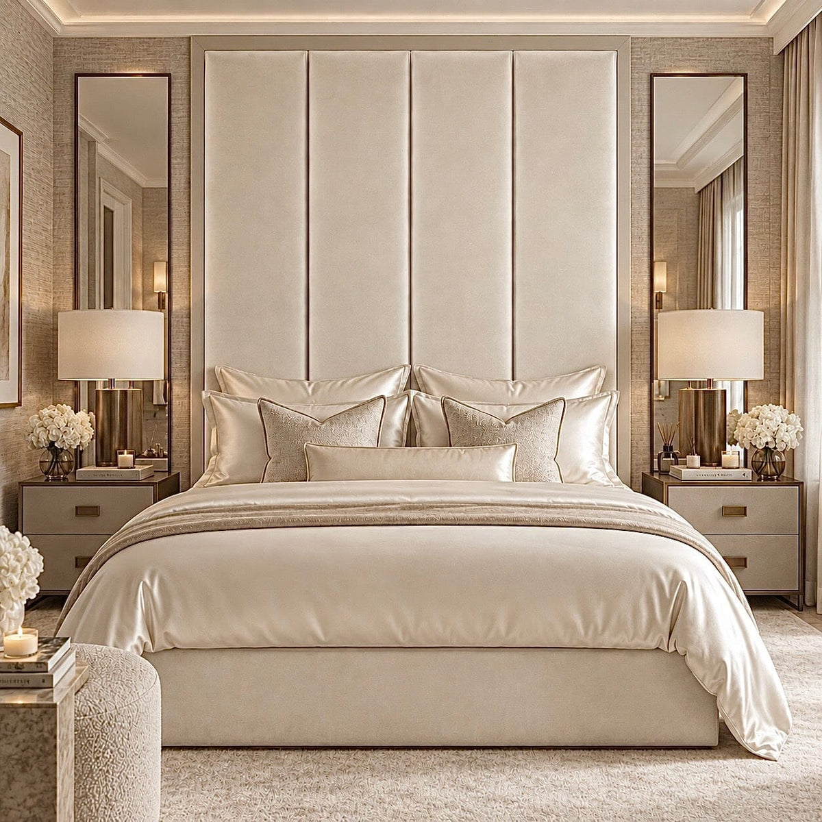 Arlington Soft Chenille Vanilla with Mid-Taupe Frame Beds and Headboards 