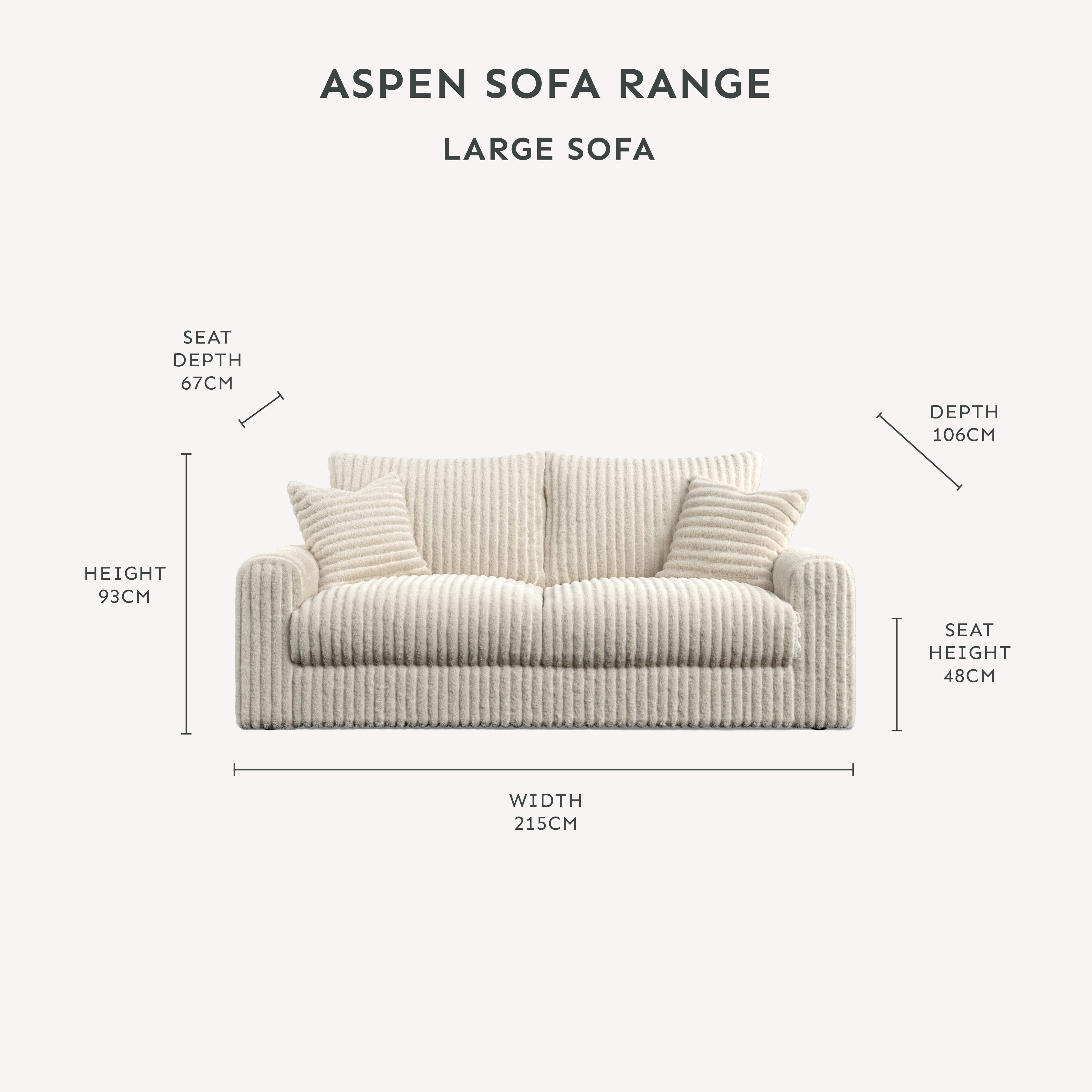 Aspen Cream Faux Fur Chunky Ribbed Large Sofa dimensions