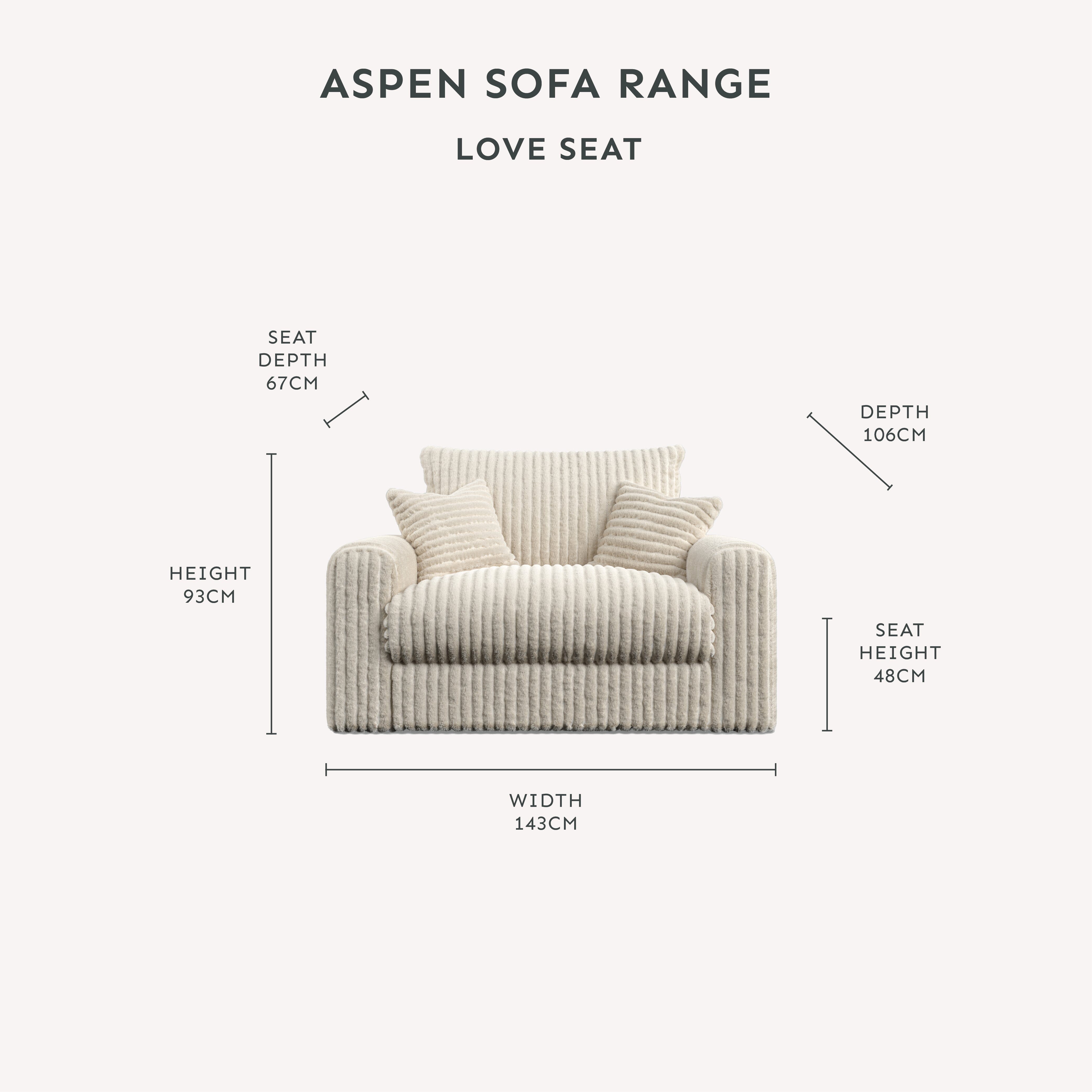 Aspen Cream Faux Fur Chunky Ribbed Love Seat dimensions