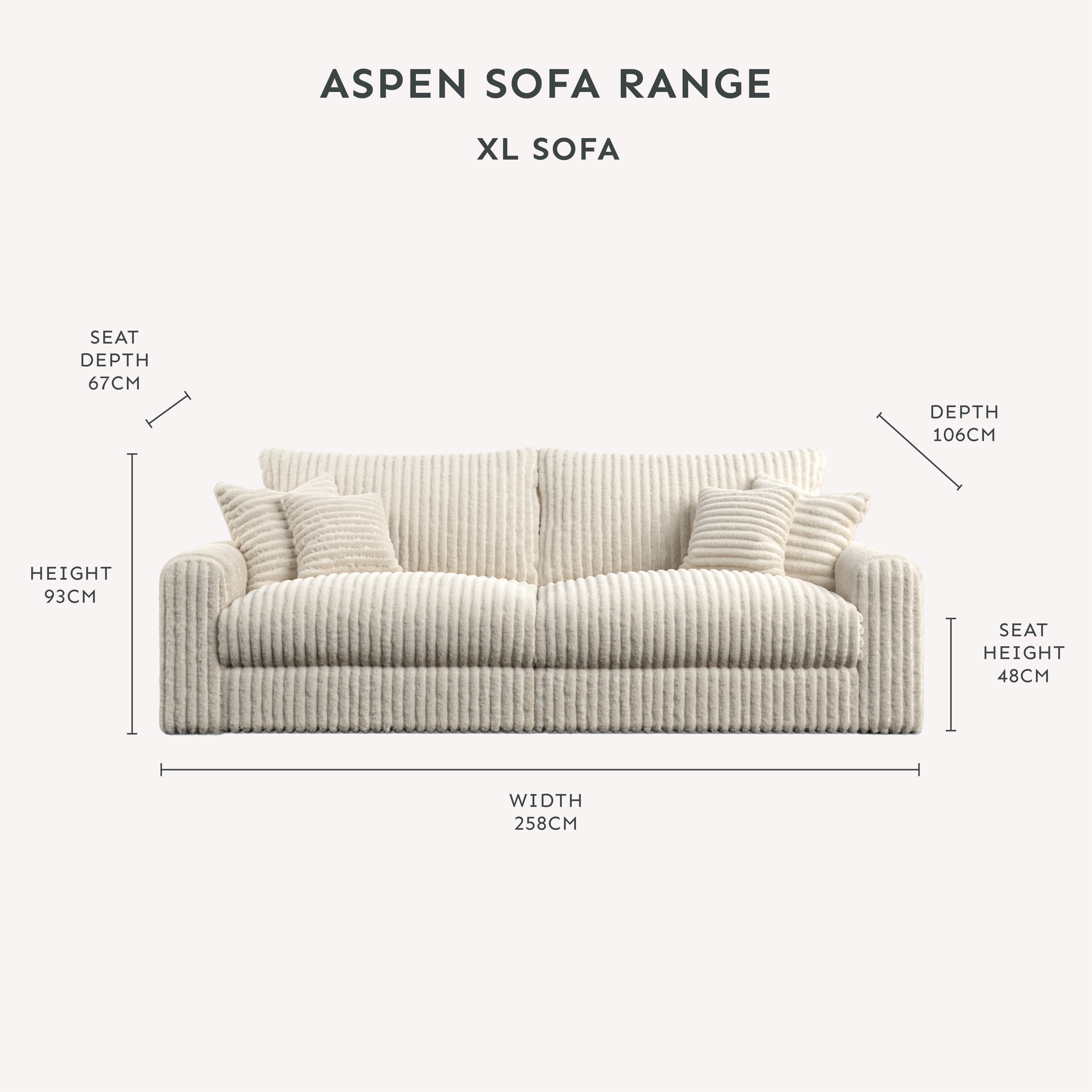 Aspen Cream Faux Fur Chunky Ribbed XL Sofa dimensions