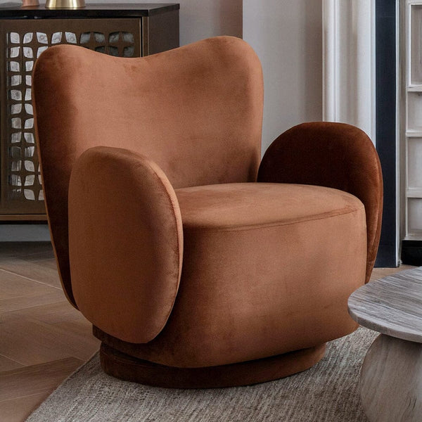Asteria Auburn Velvet Curved Accent Swivel Chair Furniture 