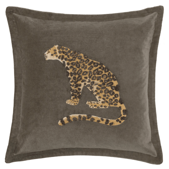 Athena Brown Velvet Cushion with Leopard Embroidery - 55x55cm Textiles 