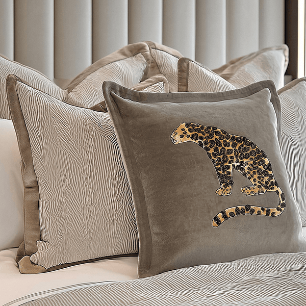 Athena Brown Velvet Cushion with Leopard Embroidery - 55x55cm Textiles 