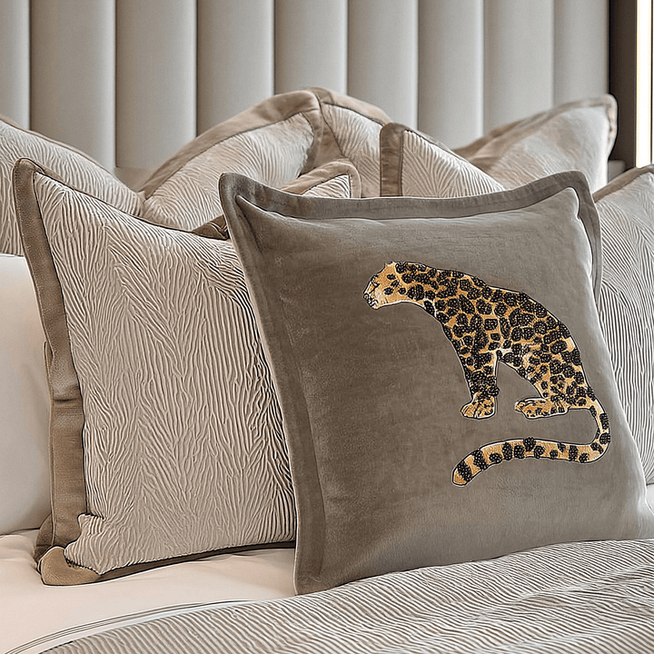 Athena Brown Velvet Cushion with Leopard Embroidery - 55x55cm Textiles 