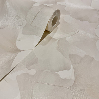 Athena Cream Metallic Gingko Leaf Patterned Wallpaper Home Improvement 