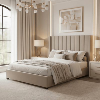 Ava Beige Velvet Ottoman Bed with Winged Headboard Beds and Headboards 