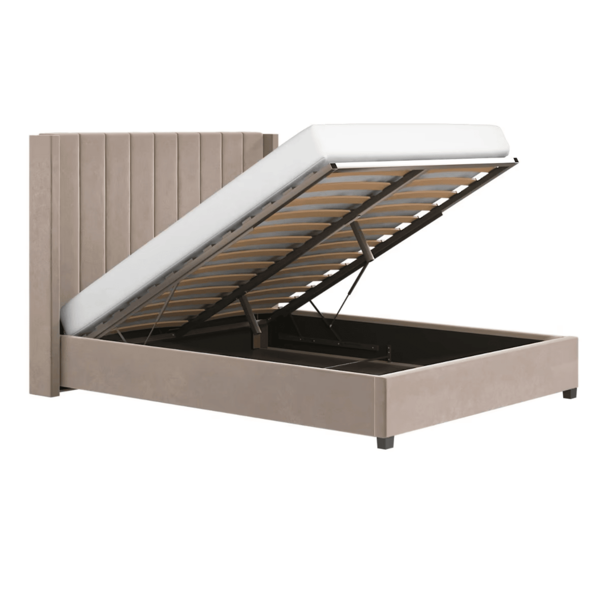 Ava Beige Velvet Ottoman Bed with Winged Headboard Beds and Headboards 