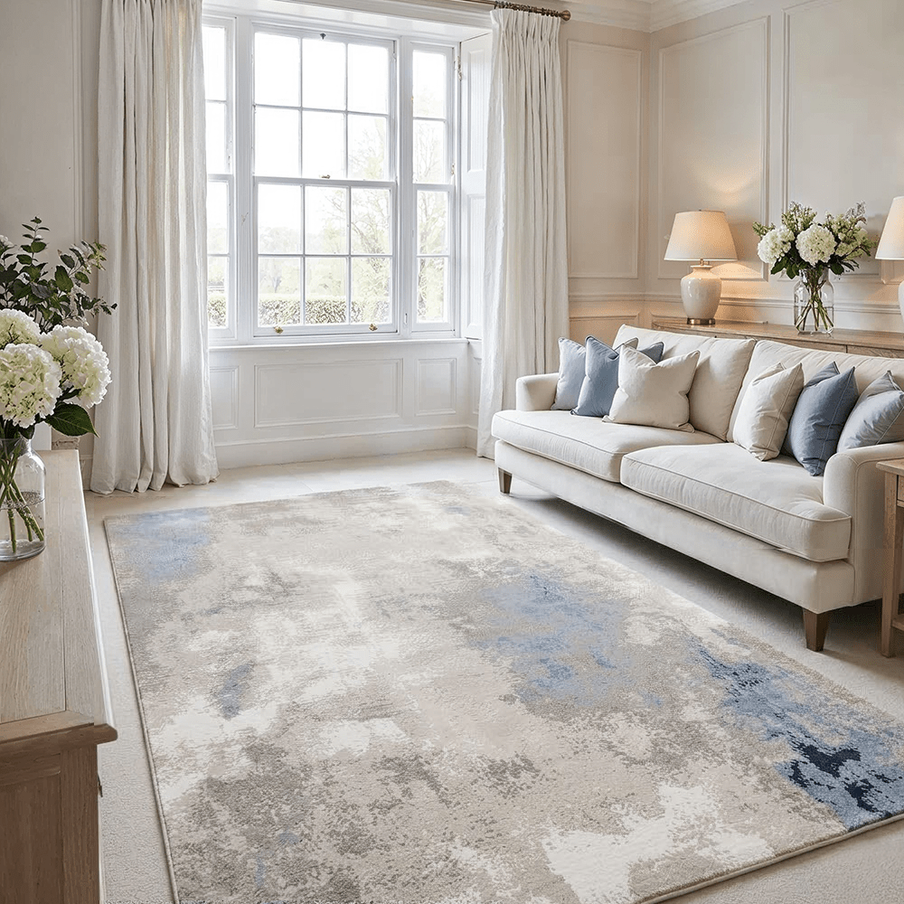 Aveline Metallic Cream, Grey & Blue Abstract Rug 