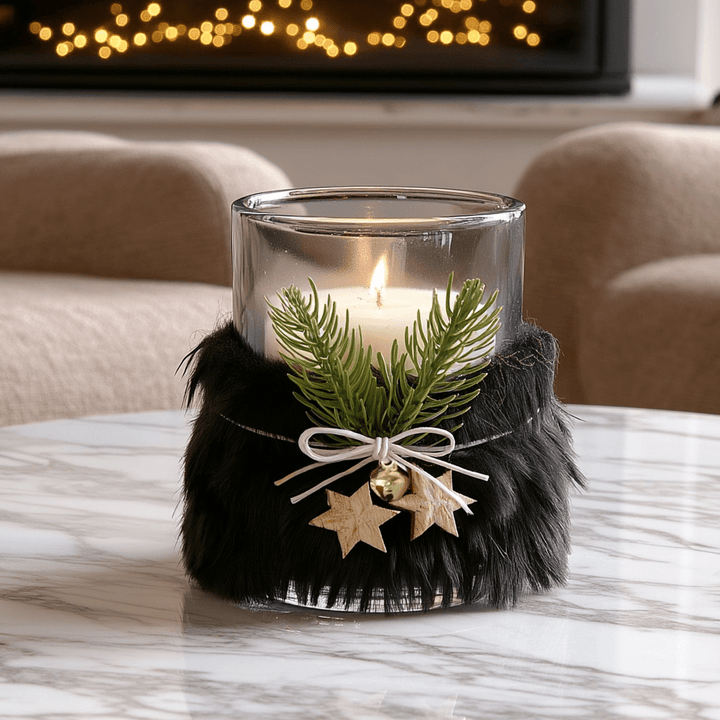 Avery Black Feathered Festive Glass Candle Holder Accessories 