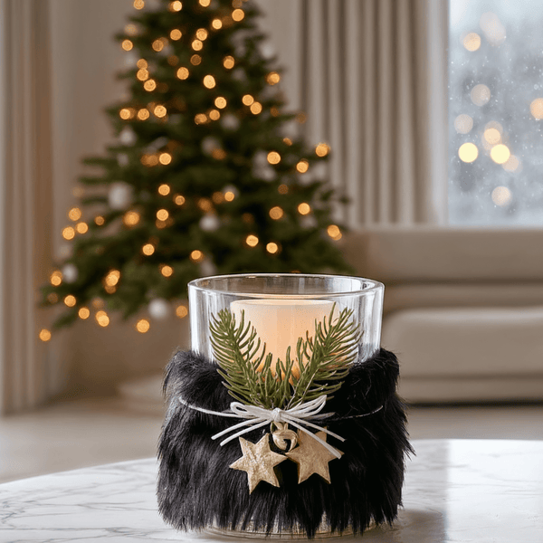 Avery Petite Black Feathered Festive Glass Candle Holder Accessories 