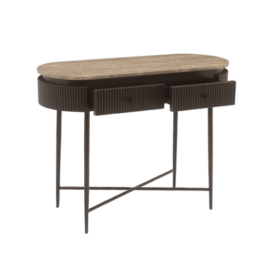 Aya Brown Ribbed Console Table with Travertine Top Furniture 