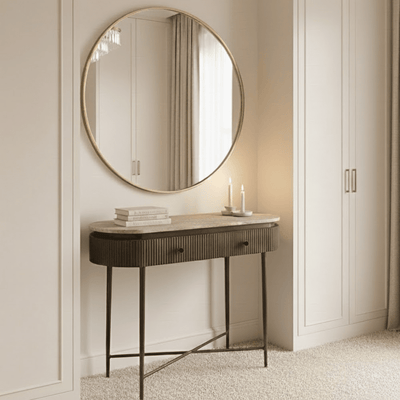 Aya Brown Ribbed Console Table with Travertine Top Furniture 
