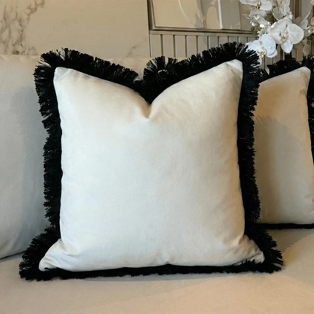 Melina Cream Velvet Cushion Cover with Black Fringe Detailing - 50x50cm