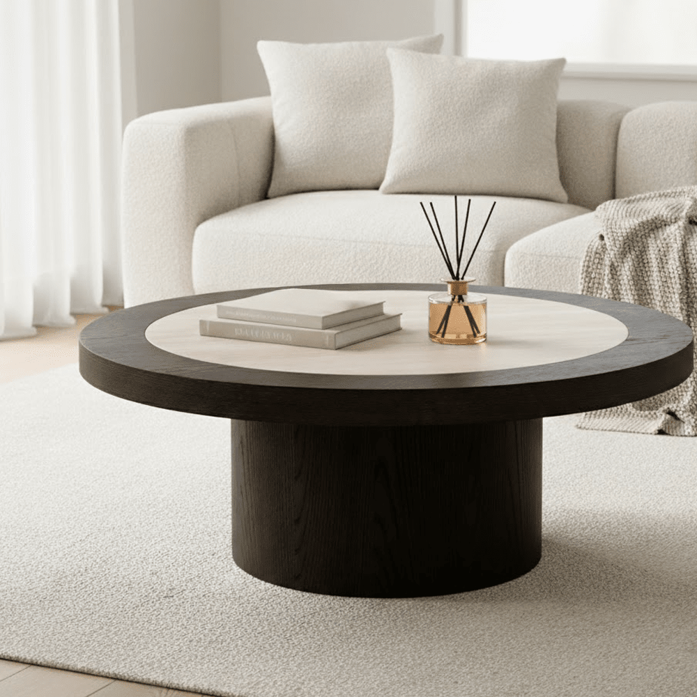 Balerno Deep Brown Wooden Coffee Table with Travertine Top – Rowen Homes