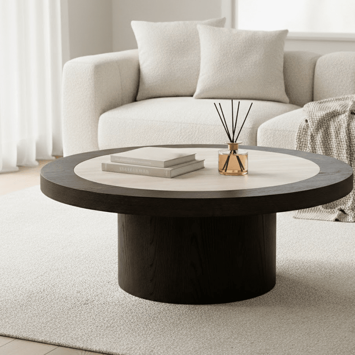 Balerno Deep Brown Wooden Coffee Table with Travertine Top Furniture 