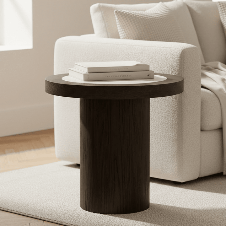 Balerno Deep Brown Wooden Side Table with Travertine Top Furniture 