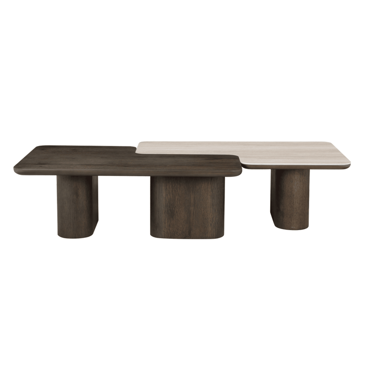 Balerno Deep Brown Wooden & Travertine Contrast Coffee Tables - Set of 2 Furniture 