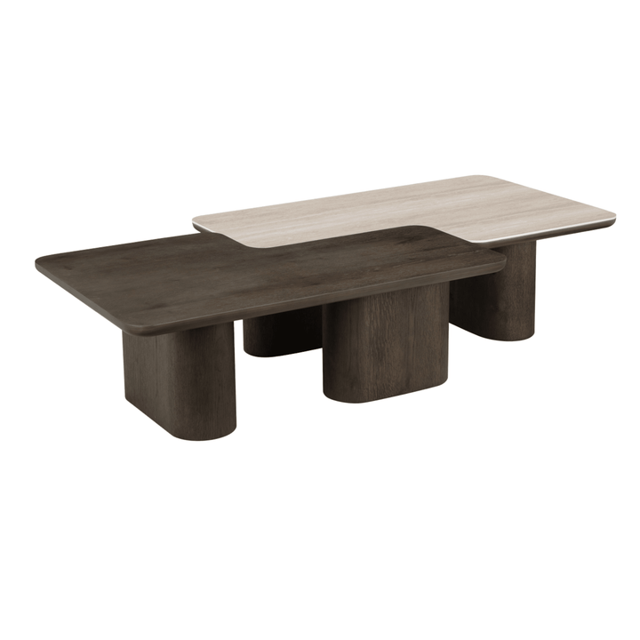 Balerno Deep Brown Wooden & Travertine Contrast Coffee Tables - Set of 2 Furniture 