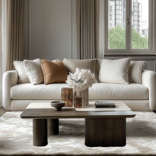 Balerno Deep Brown Wooden & Travertine Contrast Coffee Tables - Set of 2 Furniture 