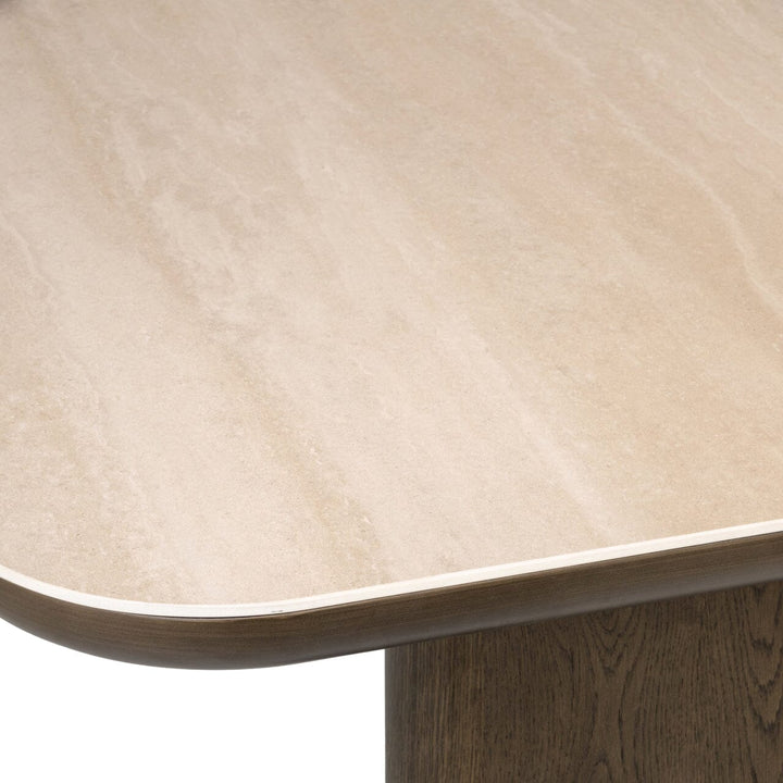 Balerno Large Deep Brown Wooden Dining Table with Travertine Top Furniture 