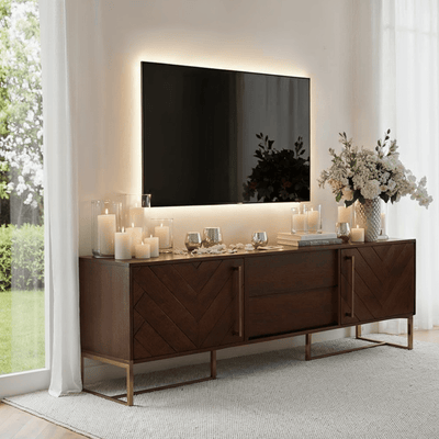 Bancha Dark Wood Media Unit with Herringbone Detail Furniture 