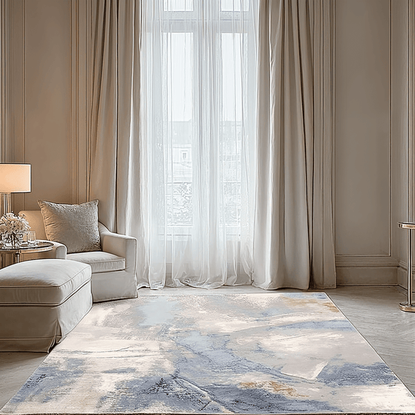 Bella Blue & Cream Metallic Abstract Rug Textiles 