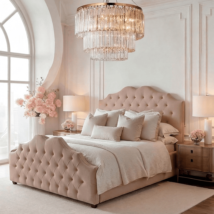 Belvoir Pink Velvet Luxury Curved Velvet Bed – Rowen Homes