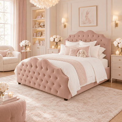 Belvoir Pink Velvet Luxury Curved Velvet Bed Beds and Headboards 
