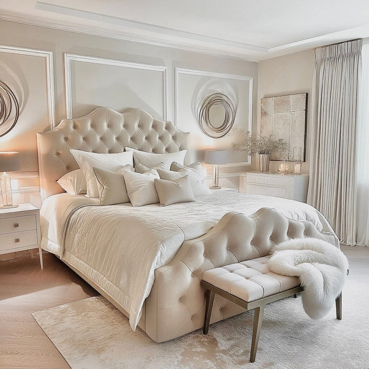 Belvoir Vanilla Luxury Curved Velvet Ottoman Storage Bed 