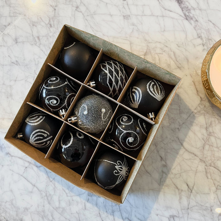 Black & Silver Decorative Baubles - Set of 9 Accessories 