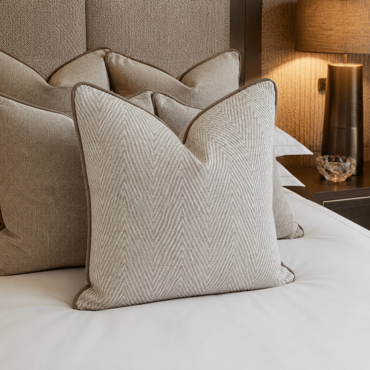 Bridgeport Cream Chevron Feather Filled Cushion with Velvet Piping - 50x50cm