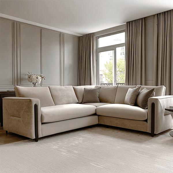 Brooklyn Stone Velvet Sofa Range with Walnut Leg Detail Sofa Large Corner 